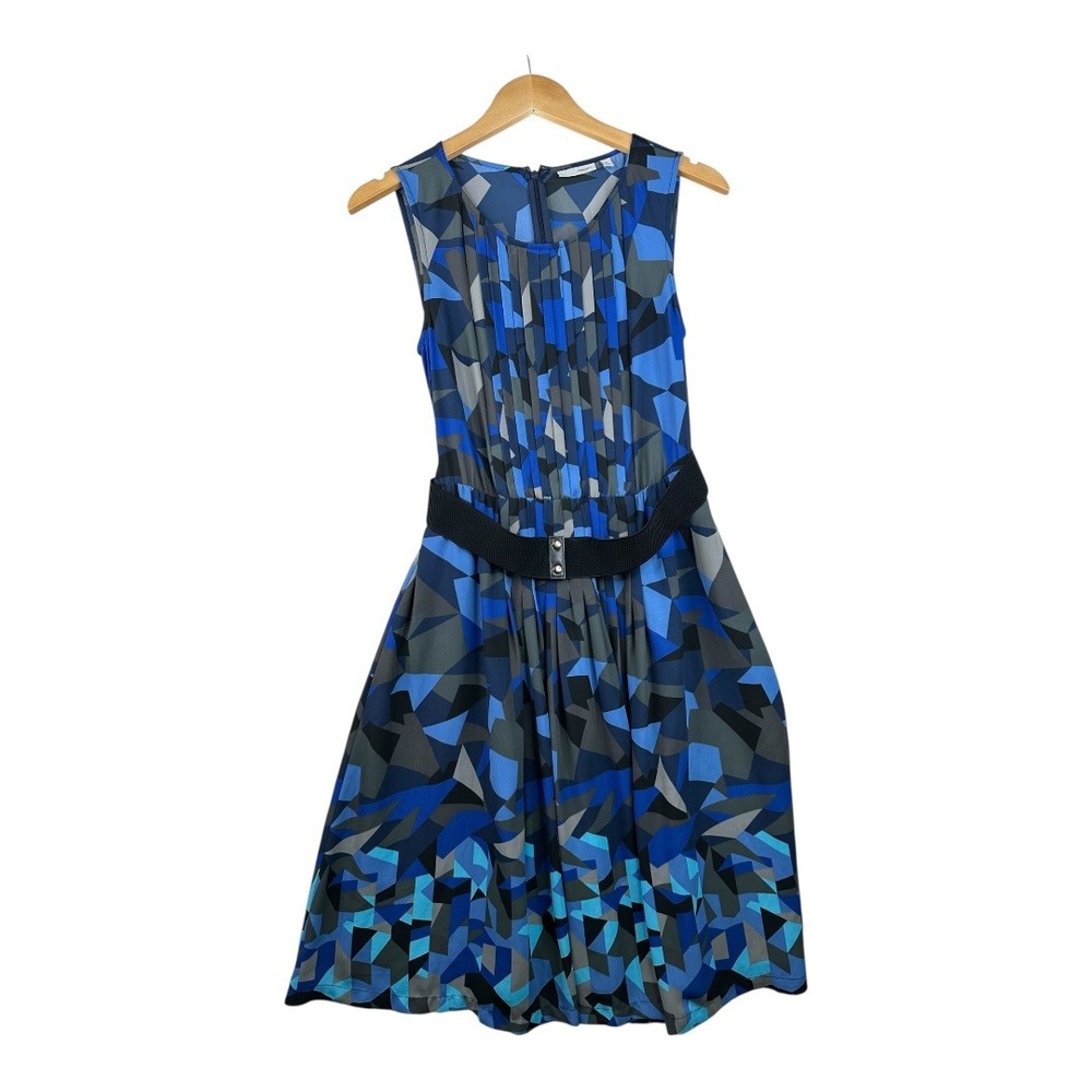 Halogen Sleeveless Belted Geometric Print Sleeveless Dress size 6 Blue/Black